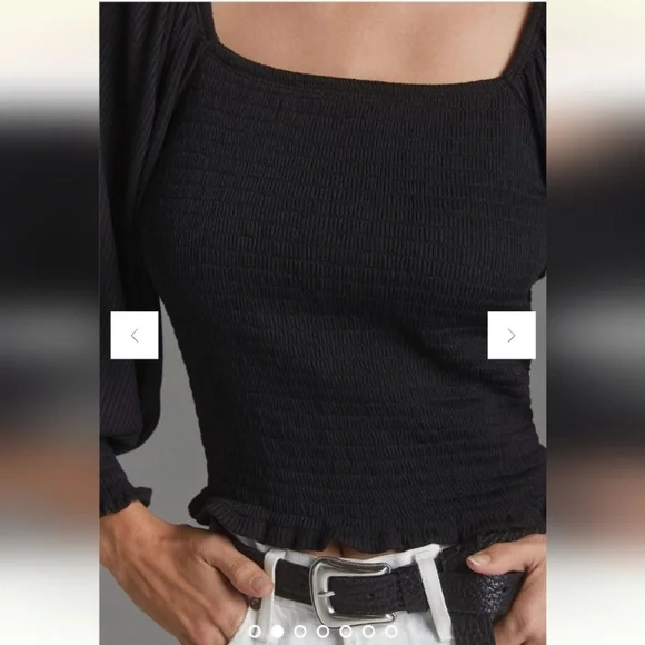 Anthropologie Black Smocked Puff Sleeve Top Sz Extra Small Petite - Picture 2 of 8
